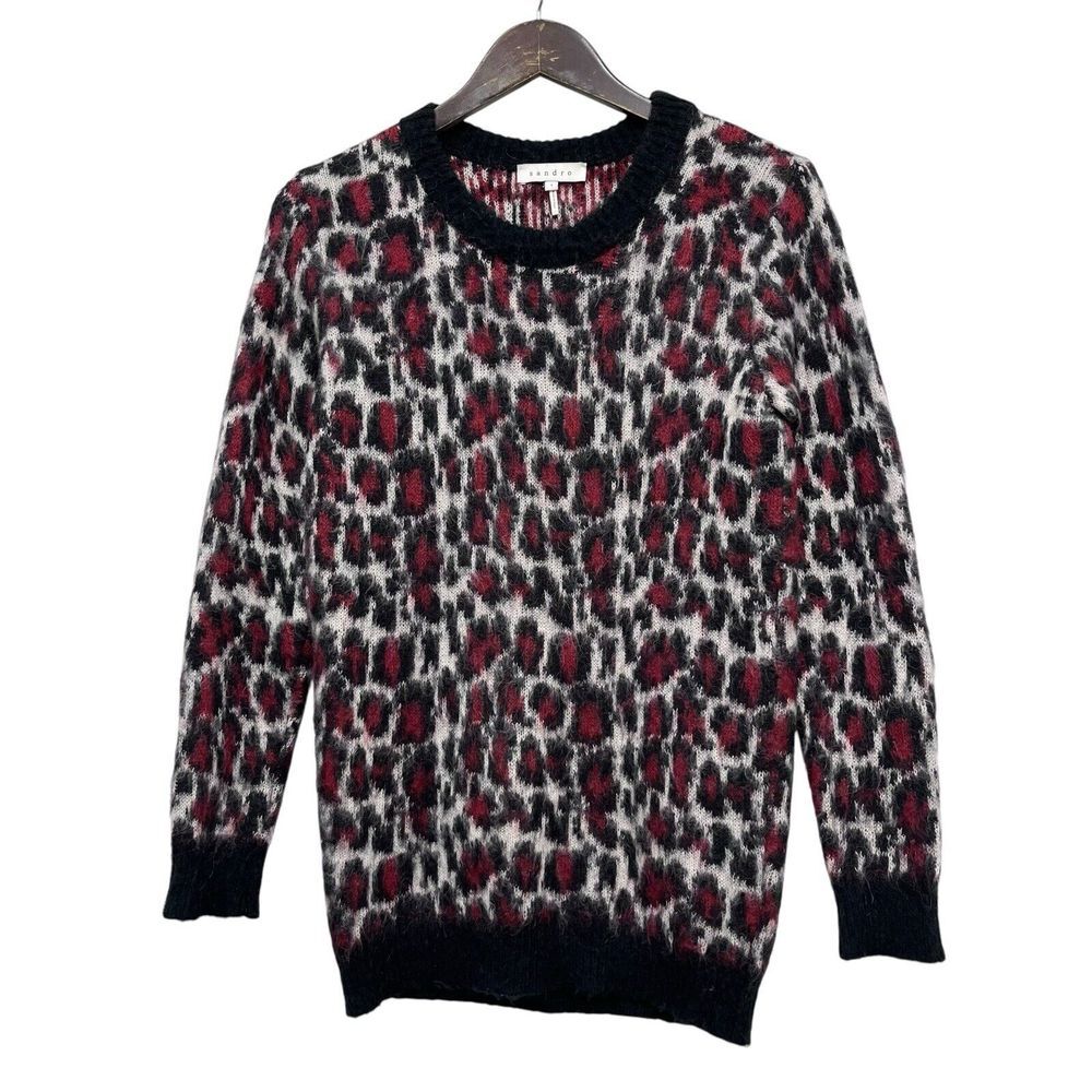 Sandro Women's Size 1 Pullover Black/White/Burgundy Leopard Mohair Sweater euc